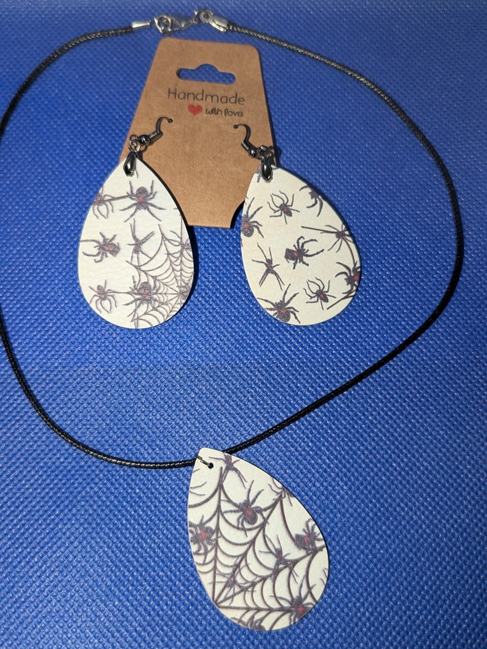 Handmade White Spider Web Teardrop Necklace & Earrings Set